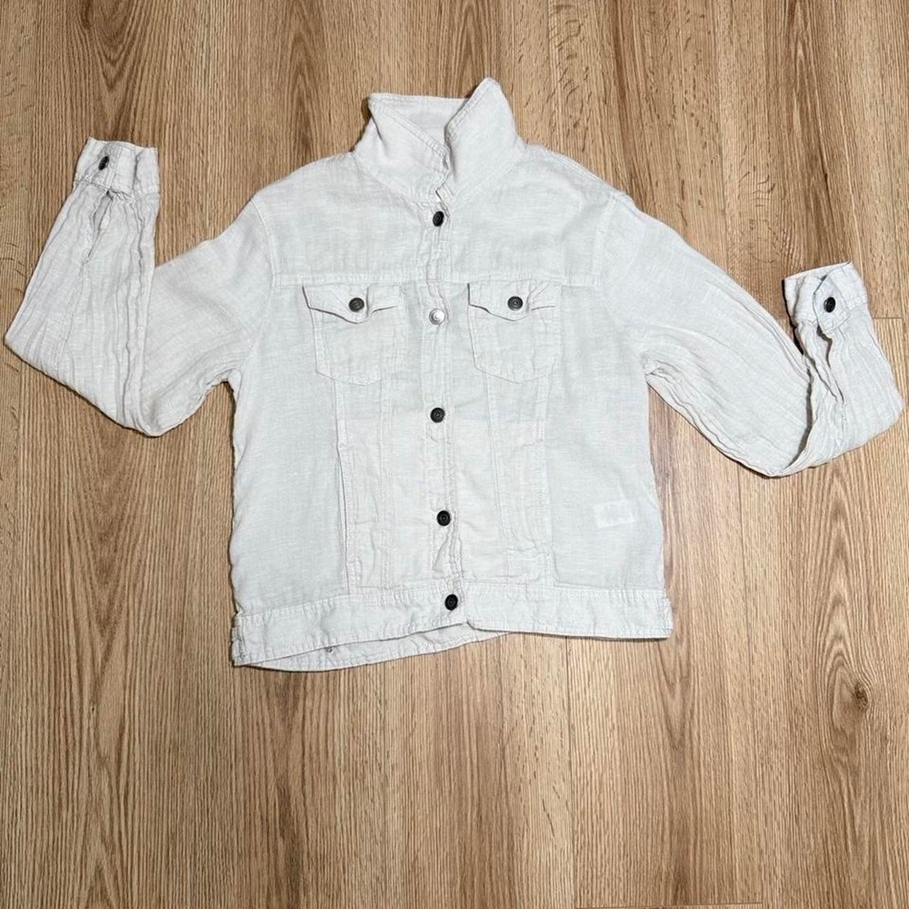 Jones New York Linen Trucker Jacket Beige Oatmeal Lightweight Summer Coat Size M